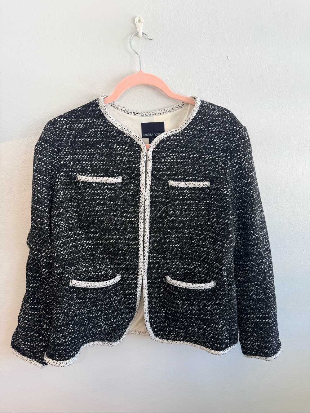 Cynthia Rowley Black & White faux Tweed Collarless Jacket